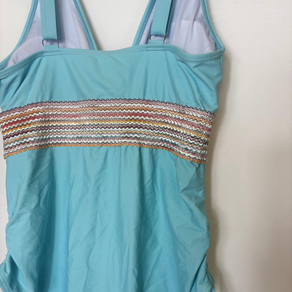 Turquoise One-Piece Swimsuit Size L Ocean Blue With Vintage Camera Strap Stripe - Picture 4 of 5